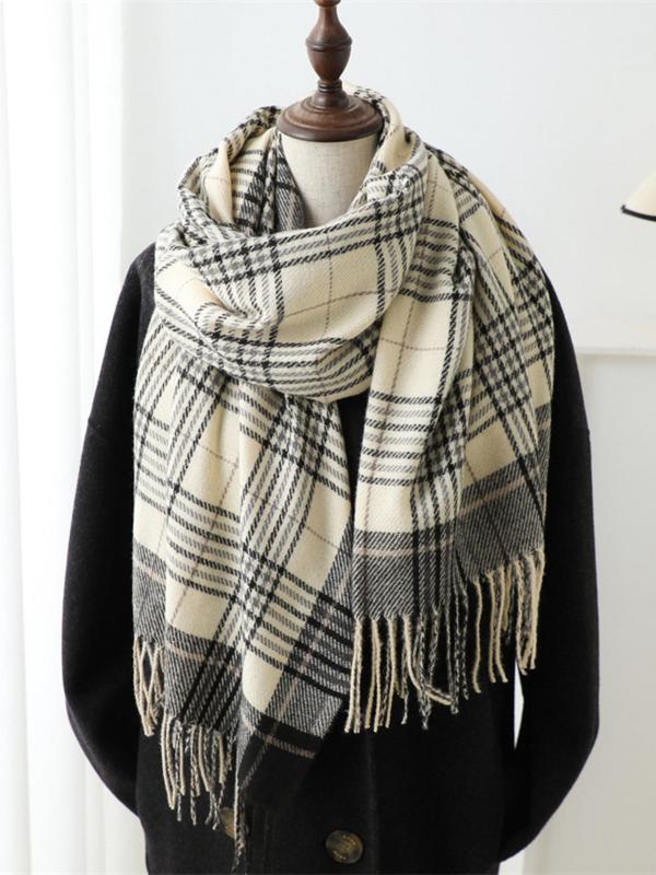 Plaid Pattern Tassel Decor Scarf, Casual Soft Warm Thickened Shawl for Women & Men, Fashion Accessories for Daily Wear