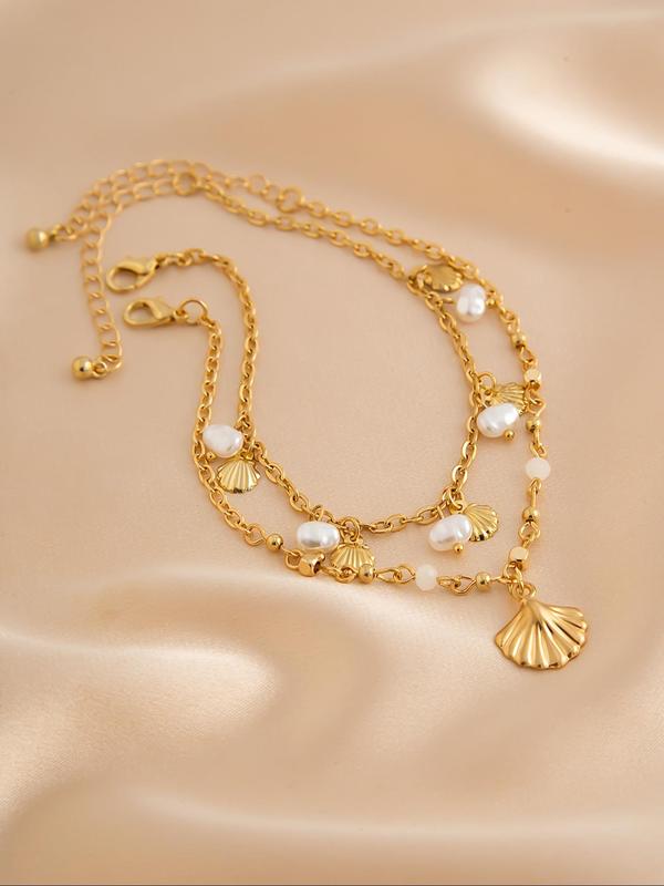 Boho Style Faux Pearl Decor Anklets, 2 Counts set Shell Charm Anklet for Women & Girls for Party, Daily Decor, Trendy All-match & Exquisite Jewelry for Birthday Gift