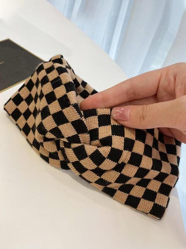 Women's Elegant Checkerboard Pattern Twist Design Hair Band, Casual Versatile Hair Accessories for Daily Wear, Fashionable Hair Accessories for Women & Girls