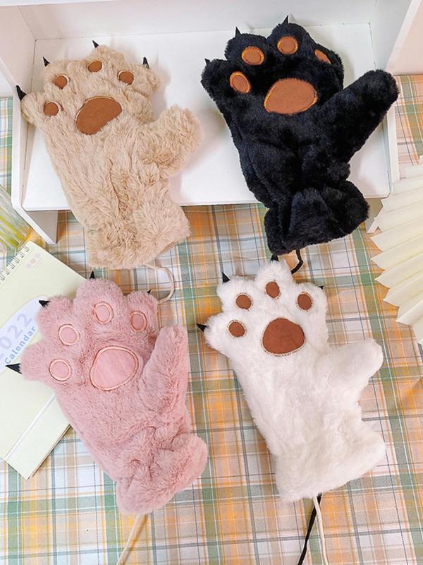 Cute Bear Paw Design Plush Gloves, Colorblock Warm Gloves for Women & Men, Fashion Accessories for Fall & Winter