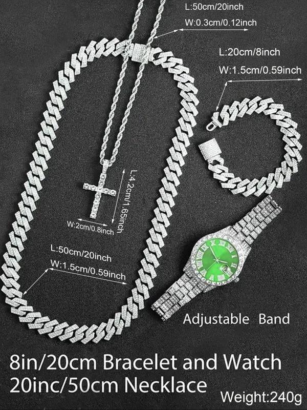 Men's Rhinestone Wristwatch & Cross Necklace & Chain Necklace & Link Bracelet, Fashion Analog  Luxury Watches  for Men Party, Daily Decor, Trendy All-match & Exquisite Watch Set for Gift