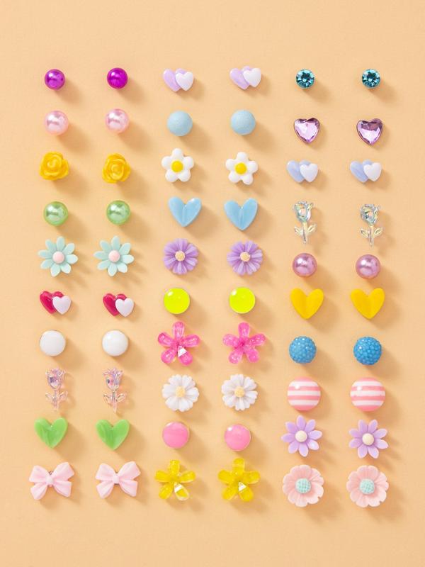 30 Pairs Women's Cute Rhinestone & Faux Pearl Decorated Stud Earrings, Heart & Flower & Bowknot Design Stud Earrings, Fashionable Jewelry For Women & Girls For Daily & Party Decoration
