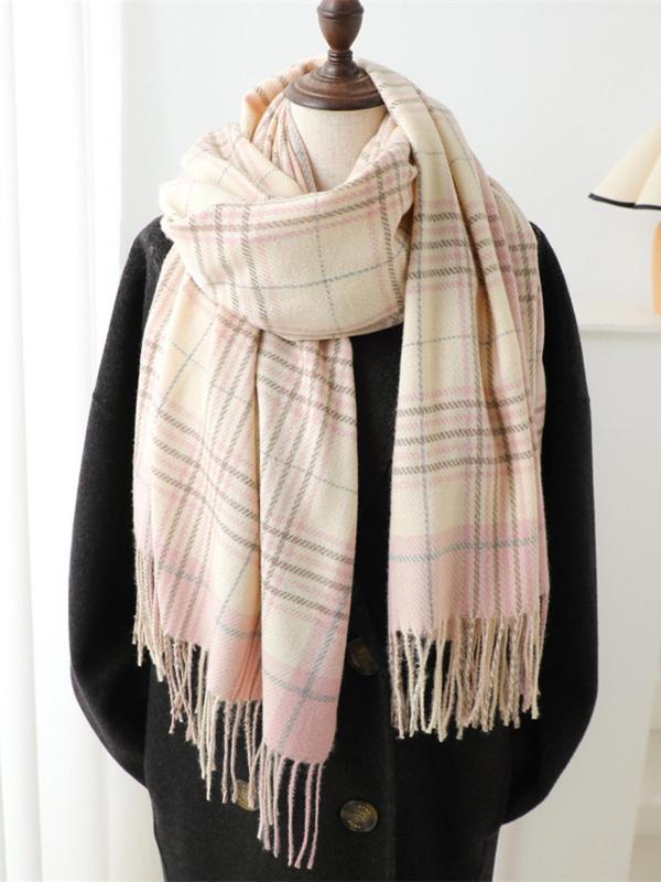 Plaid Pattern Tassel Decor Scarf, Casual Soft Warm Thickened Shawl for Women & Men, Fashion Accessories for Daily Wear