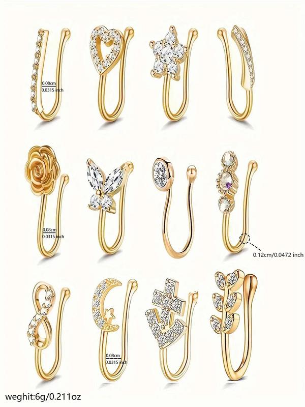 Fashionable Rhinestone Decor Nose Cuff, 12pcs Heart & Star & Leaf & Butterfly Design Non Piercing Nose Ring, Trendy Exquisite Jewelry for Birthday Gift