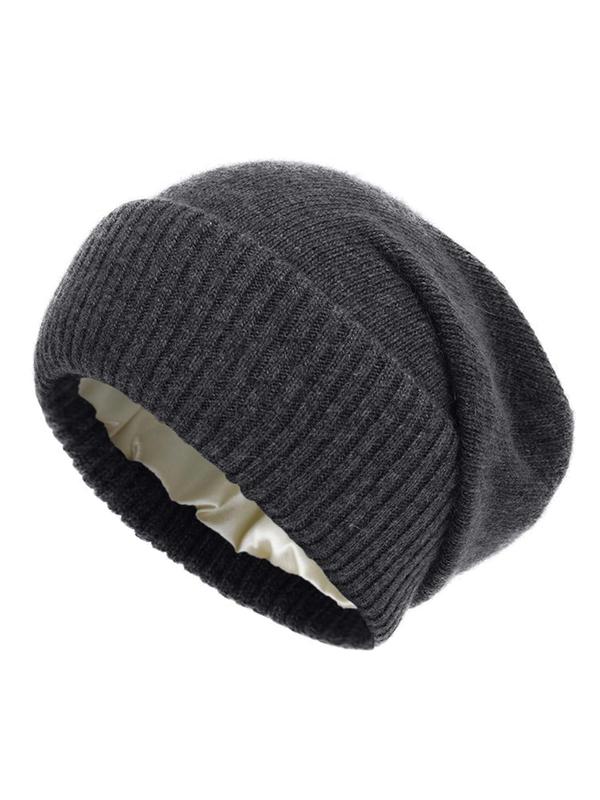 Solid Color Cashmere Wool Blend Satin Lining Beanie Hat, Casual Soft Warm Knit Hat for Fall & Winter, Fashion Accessories for Both Men & Women