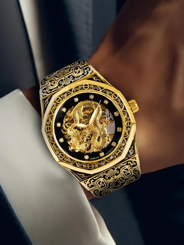 Men's Vintage Dragon Design Mechanical Watch, Fashion Luminous Watch for Party, Daily Clothing Decor, Trendy All-match & Exquisite Watch for Birthday Gift with Box Watches For Men