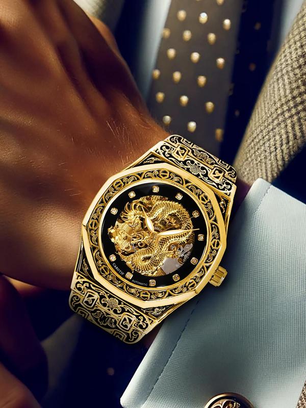 Men's Vintage Dragon Design Mechanical Watch, Fashion Luminous Watch for Party, Daily Clothing Decor, Trendy All-match & Exquisite Watch for Birthday Gift with Box Watches For Men