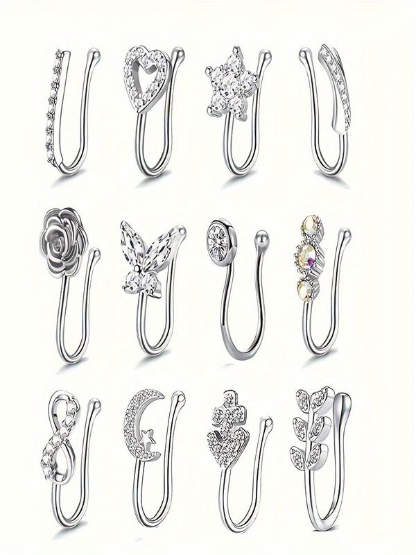 Fashionable Rhinestone Decor Nose Cuff, 12pcs Heart & Star & Leaf & Butterfly Design Non Piercing Nose Ring, Trendy Exquisite Jewelry for Birthday Gift
