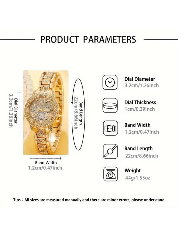 Women's Elegant Rhinestone Decorated Watch & Jewelry Set, Including Round Dial Watch & Bracelet & Ring & Pendant Necklace & Stud Earrings, Fashion Watch Set for Party, Daily Decor