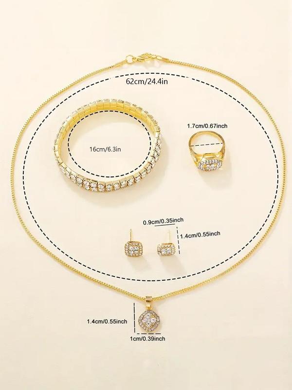 Women's Elegant Rhinestone Decorated Watch & Jewelry Set, Including Round Dial Watch & Bracelet & Ring & Pendant Necklace & Stud Earrings, Fashion Watch Set for Party, Daily Decor