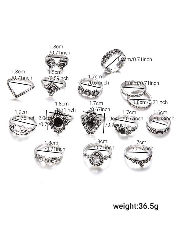 Boho Style Rhinestone Decorated Mixed Shaped Rings (15pcs), Fashion Accessories for Women & Men, Style Fashion Ring for Party, Daily Clothing Decor, Trendy Jewelry for Birthday Gift