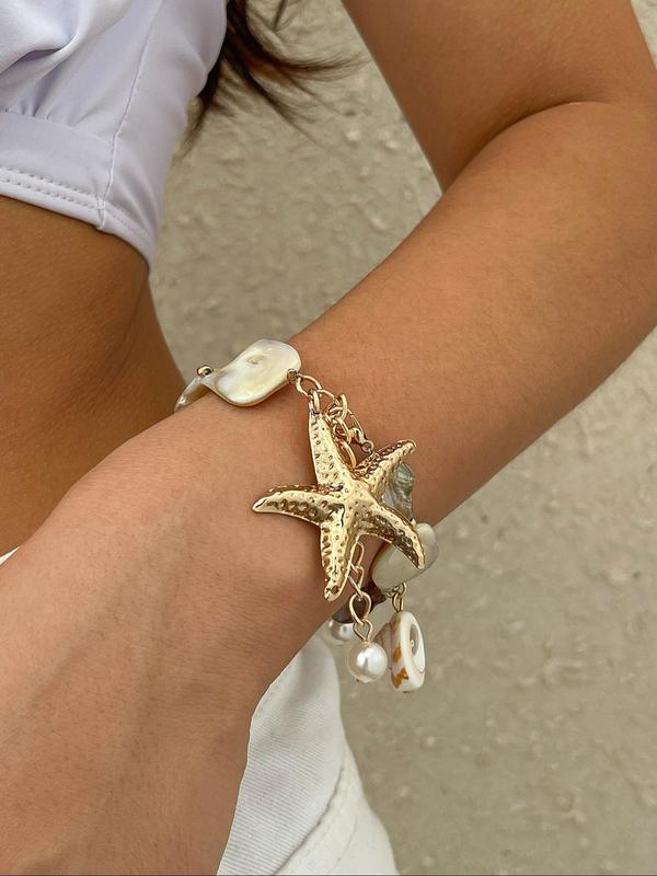 Boho Style Starfish & Shell Decorated Link Bracelet, Fashion Jewelry for Party, Daily Clothing Decor, Trendy All-match & Exquisite Jewelry for Birthday Gift