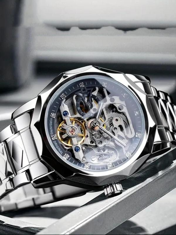 Men's Business Fashion Hollow Out Design Mechanical Watch, Fashion Waterproof Watch for Party, Daily Clothing Decor, Trendy All-match & Exquisite Watch for Birthday Gift with Box