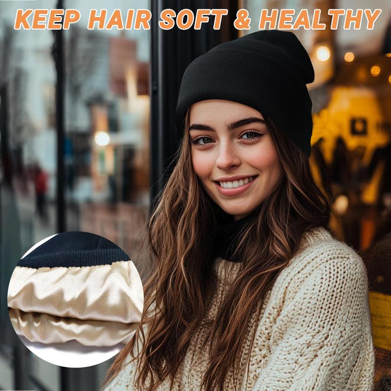 Cozy Satin-Lined Winter Beanie with Silk Lining - Stylish Slouchy Ski Hat for Women and Men - Warm Unisex Cuffed Beanie