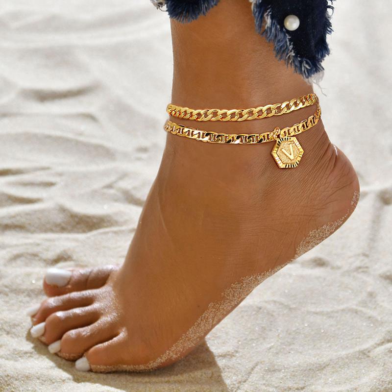 FindChic 26 Letters A-Z Anklet Gold-plated 5mm Initial Chain Anklets Double Layered Anklets Set with Letters Mariner Chain Adjustable Herringbone Chain Cuban Chain Anklets Set For Women Men Girlfriend Birthday Anniversary Wedding Christmas Holiday Gift