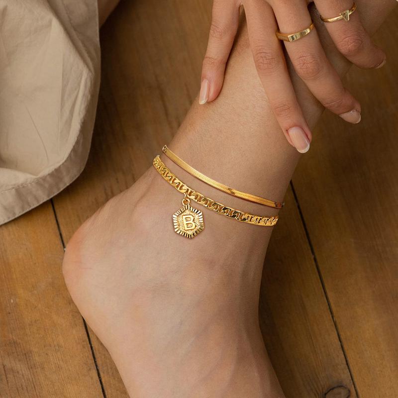 FindChic 26 Letters A-Z Anklet Gold-plated 5mm Initial Chain Anklets Double Layered Anklets Set with Letters Mariner Chain Adjustable Herringbone Chain Cuban Chain Anklets Set For Women Men Girlfriend Birthday Anniversary Wedding Christmas Holiday Gift