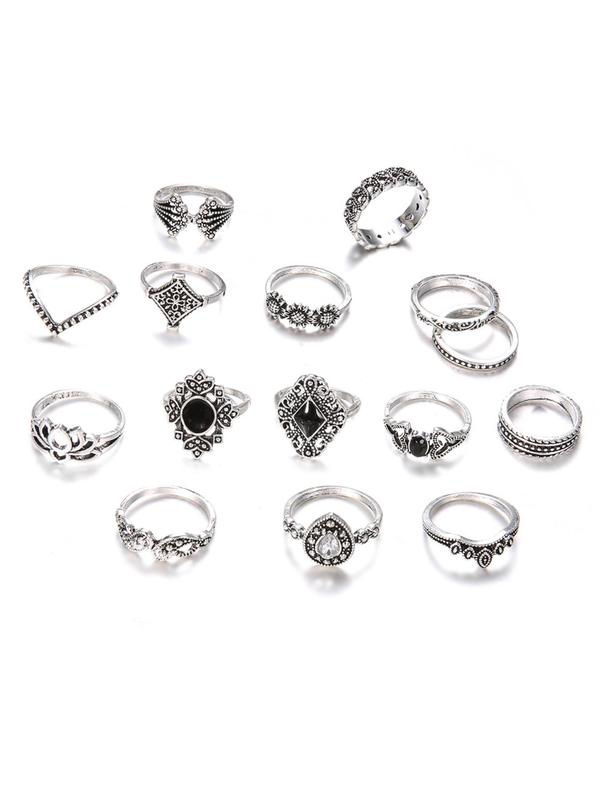 Boho Style Rhinestone Decorated Mixed Shaped Rings (15pcs), Fashion Accessories for Women & Men, Style Fashion Ring for Party, Daily Clothing Decor, Trendy Jewelry for Birthday Gift
