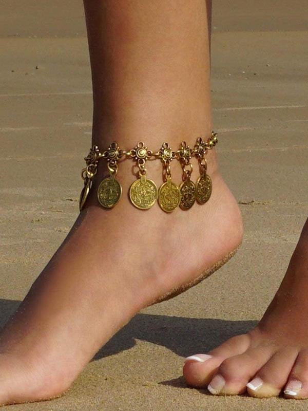 Vintage Round Charm Anklet, Fashionable Jewelry for Beach Party Vacation, Fashion Anklet for Party, Daily Clothing Decor, Trendy All-match & Exquisite Jewelry for Birthday Gift