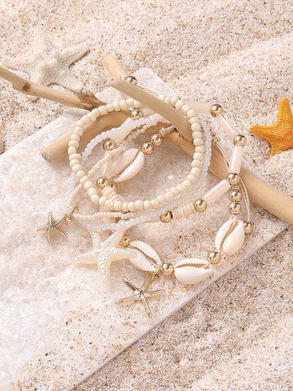 Boho Style Beaded Bracelets, 4 Counts set Shell & Starfish Design Bracelets for Women & Girls for Party, Daily Decor, Trendy All-match & Exquisite Jewelry for Birthday Gift