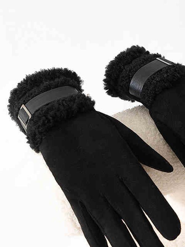 Women's Solid Color Belted Design Faux Fur Lined Gloves, Casual Trendy Warm Full Finger Gloves for Outdoor Cycling, Fashionable Gloves for Fall & Winter