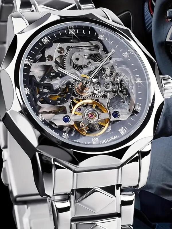 Men's Business Fashion Hollow Out Design Mechanical Watch, Fashion Waterproof Watch for Party, Daily Clothing Decor, Trendy All-match & Exquisite Watch for Birthday Gift with Box