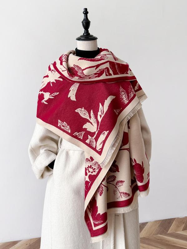 Women's Plants Print Tassel Decor Shawl, Casual Soft Warm Thick Scarf for Daily Wear, Fashion Accessories for Women & Girls