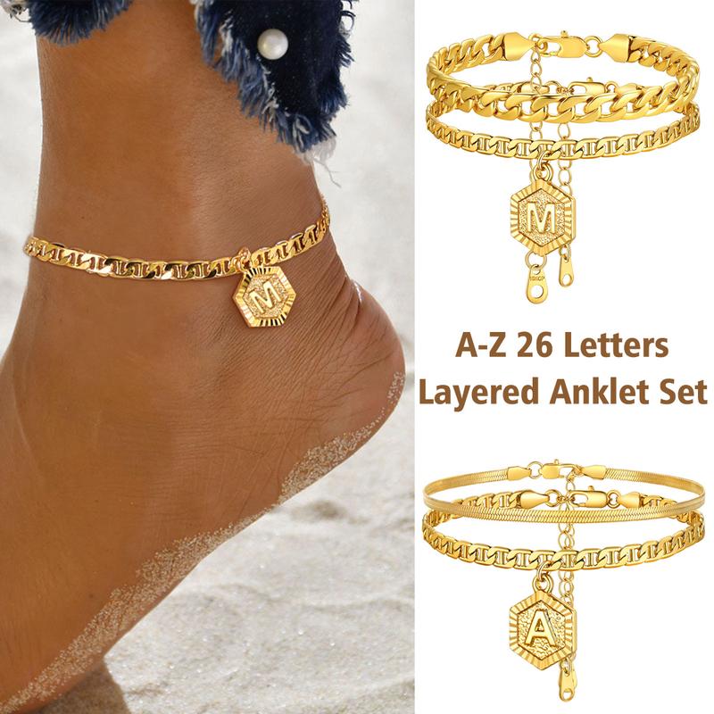 FindChic 26 Letters A-Z Anklet Gold-plated 5mm Initial Chain Anklets Double Layered Anklets Set with Letters Mariner Chain Adjustable Herringbone Chain Cuban Chain Anklets Set For Women Men Girlfriend Birthday Anniversary Wedding Christmas Holiday Gift