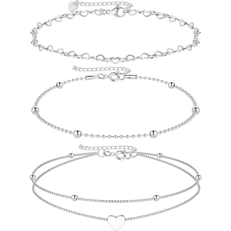 Jstyle 3count Stainless Steel Ankle Bracelets Set for Women  Silver Anklet Bead Heart Chain Ankle Bracelet Double Laye Anklet Heart Pendant Anklet Dainty Anklet Adjustable Daily
