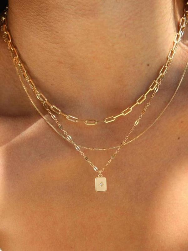 Women's Adjustable Chain Necklace Set, Rhinestone Decor Necklaces Square Pendant, Copper Jewelry for Men Gifts, Girlfriend Fall Festival, Back To School, Fall Outfits, Fall Freshness Decor