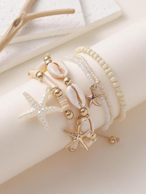 Boho Style Beaded Bracelets, 4 Counts set Shell & Starfish Design Bracelets for Women & Girls for Party, Daily Decor, Trendy All-match & Exquisite Jewelry for Birthday Gift