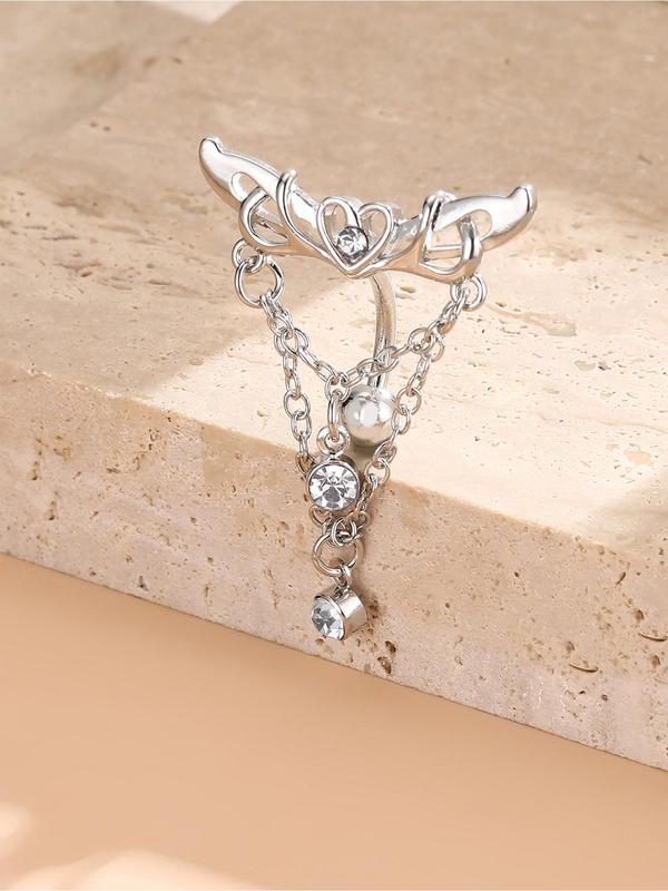 Women's Elegant Rhinestone Decorated Heart & Wing Design Navel Ring, Trendy All-match Navel Ring, Fashionable Body Jewelry For Women & Girls For Party Decoration