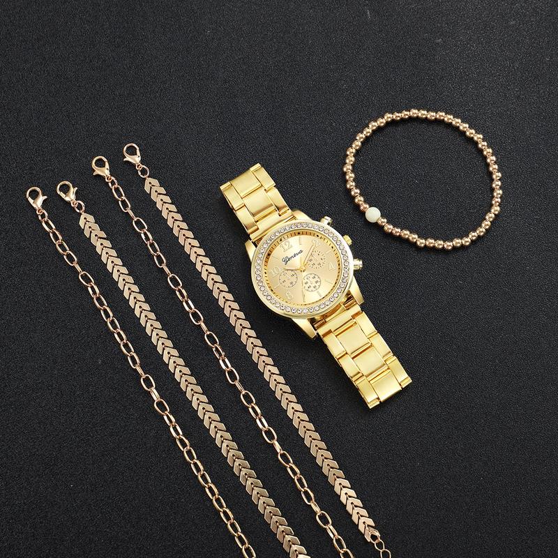 6PCs Set Women's Watch Fashion Three Eye Dial Stainless Steel Strap Simple Quartz Watch Set with Gold Bracelet