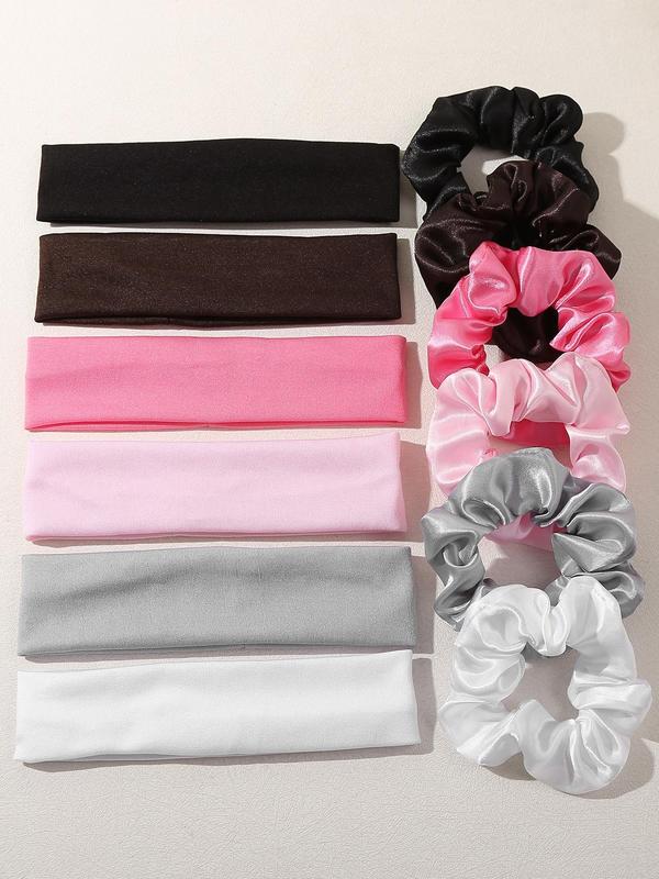 Solid Color Scrunchies & Hair Band Set, Casual Simple Hair Accessories for Women & Girls, Minimalist Headwear Suitable for Thick Hair