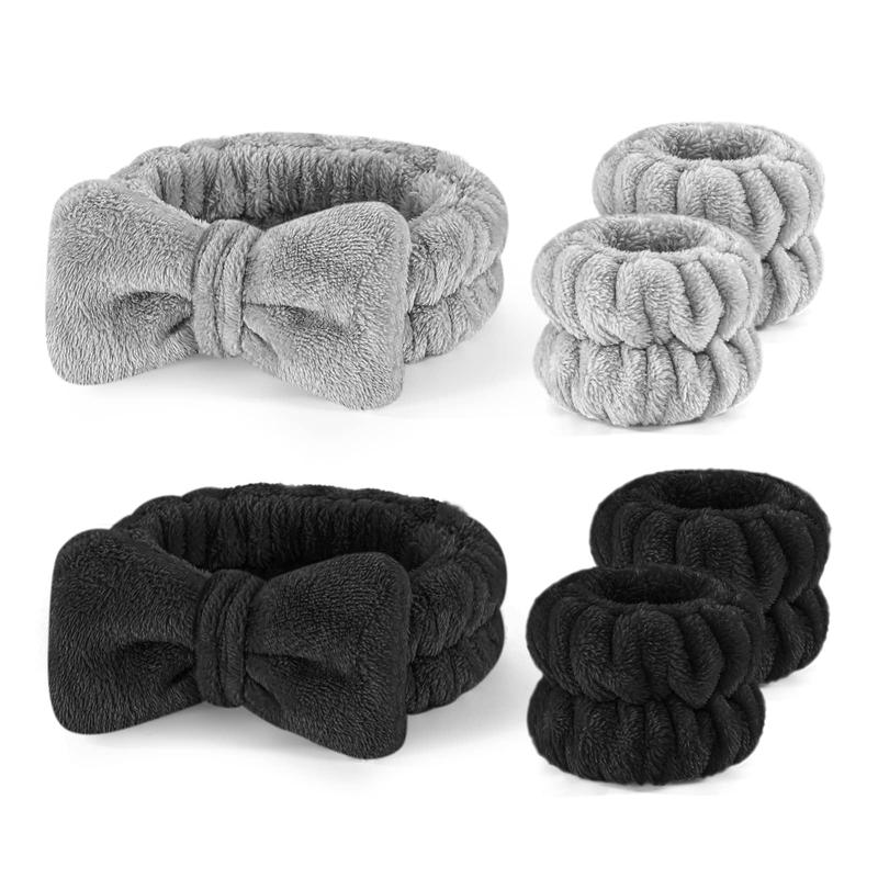6PCS Makeup Headband and WristBand Set, Skincare Spa Headband for Washing Face,Towels Wrist band for Women Girls Prevent Liquid Spilling from Arms (Black+Grey)