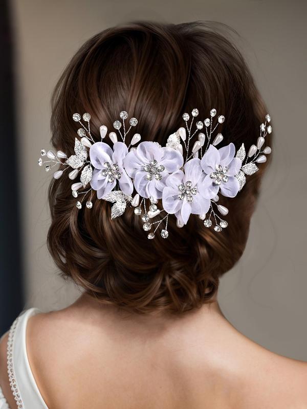 Elegant Rhinestone & Faux Pearl Decorated Flower Design Hair Comb, 2024 New Style Bridal Headwear for Wedding Party Formal Occasions, Fashion Hair Accessories for Women
