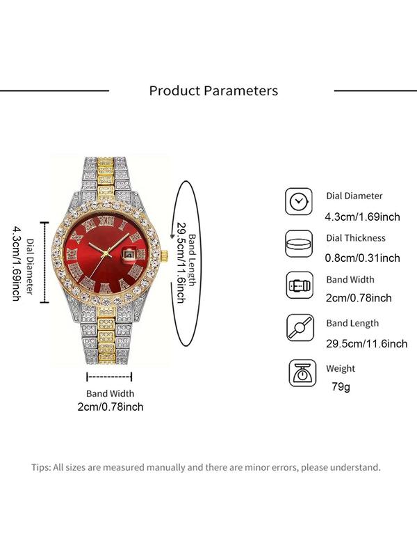 Men's Business Rhinestone Decor Watch & Chain Bracelet & Necklace, Fashion Watch Set for Party, Daily Clothing Decor, Trendy Exquisite Watch Set for Gift