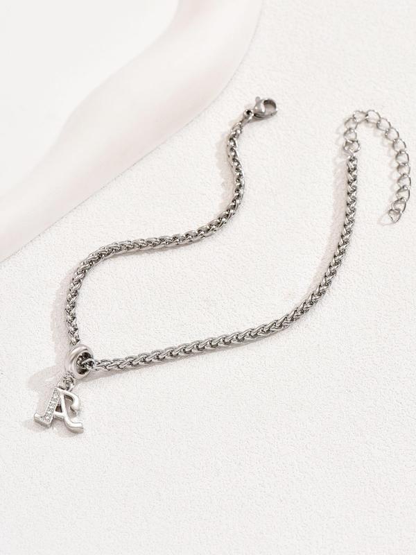 Rhinestone Decorated Letter Charm Anklet For Women & Men, Stainless Steel Foot Jewelry, Casual Summer Beach Holiday Style Sandals And Slippers Accessories