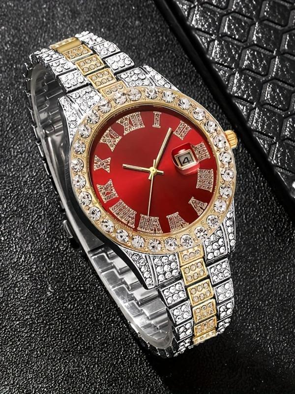Men's Business Rhinestone Decor Watch & Chain Bracelet & Necklace, Fashion Watch Set for Party, Daily Clothing Decor, Trendy Exquisite Watch Set for Gift