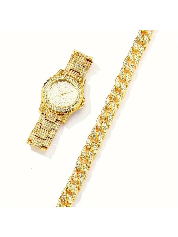 Men's Business Fashion Round Dial Analog Quartz Watch & Rhinestone Decor Cuban Link Bracelet Set, Exquisite Trendy Wristwatch Set, Watch Set without Box