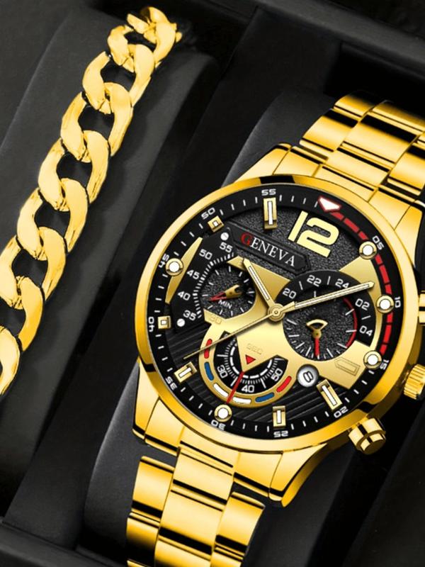 Men's Business Fashion Round Dial Analog Quartz Watch, with Chain Bracelet & Necklace Set, Trendy All-match & Exquisite Watch Set As Gift without Box