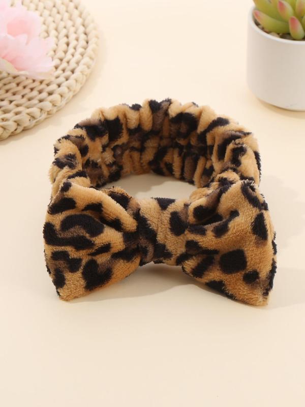 Leopard Print Bow Decor Flannel Hair Band, Cute Bow Decor Hair Band for Women for Hairstyle Ideas, Flannel Hair Band for Face Washing, Spa, Shower