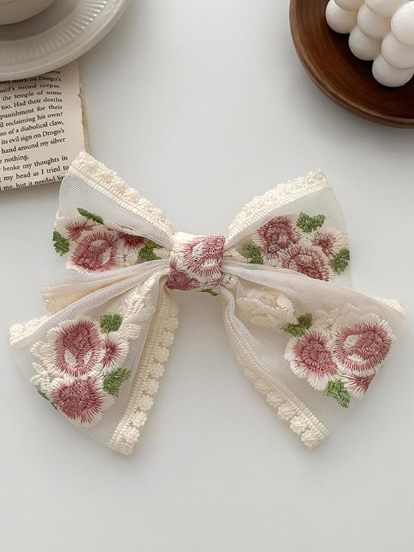 Vintage Thorn Rusty Flower Large Bow Hair Clip for Galentine's Party Style, Casual Elegant Tulle Streamer Headwear for Women