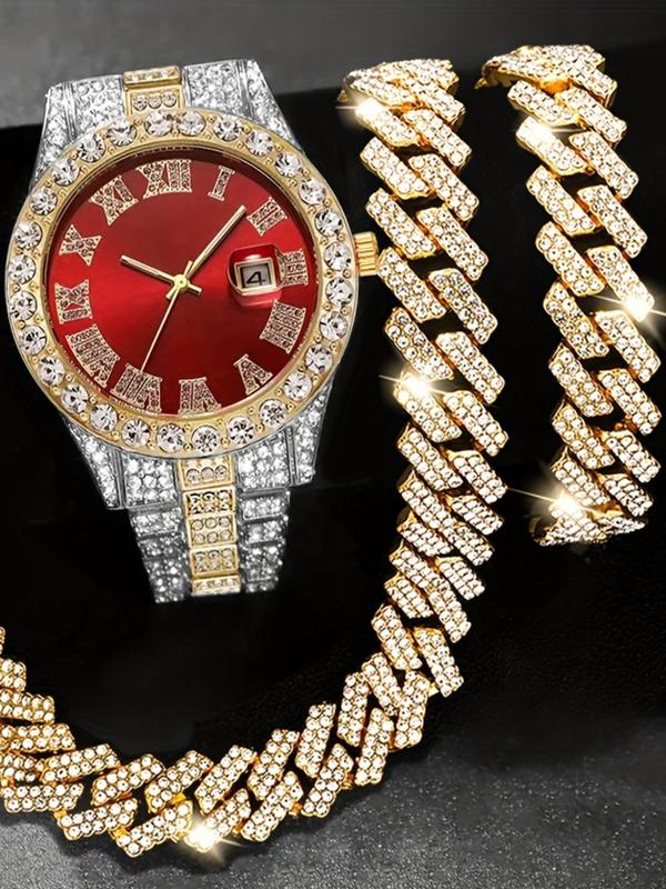 Men's Business Rhinestone Decor Watch & Chain Bracelet & Necklace, Fashion Watch Set for Party, Daily Clothing Decor, Trendy Exquisite Watch Set for Gift